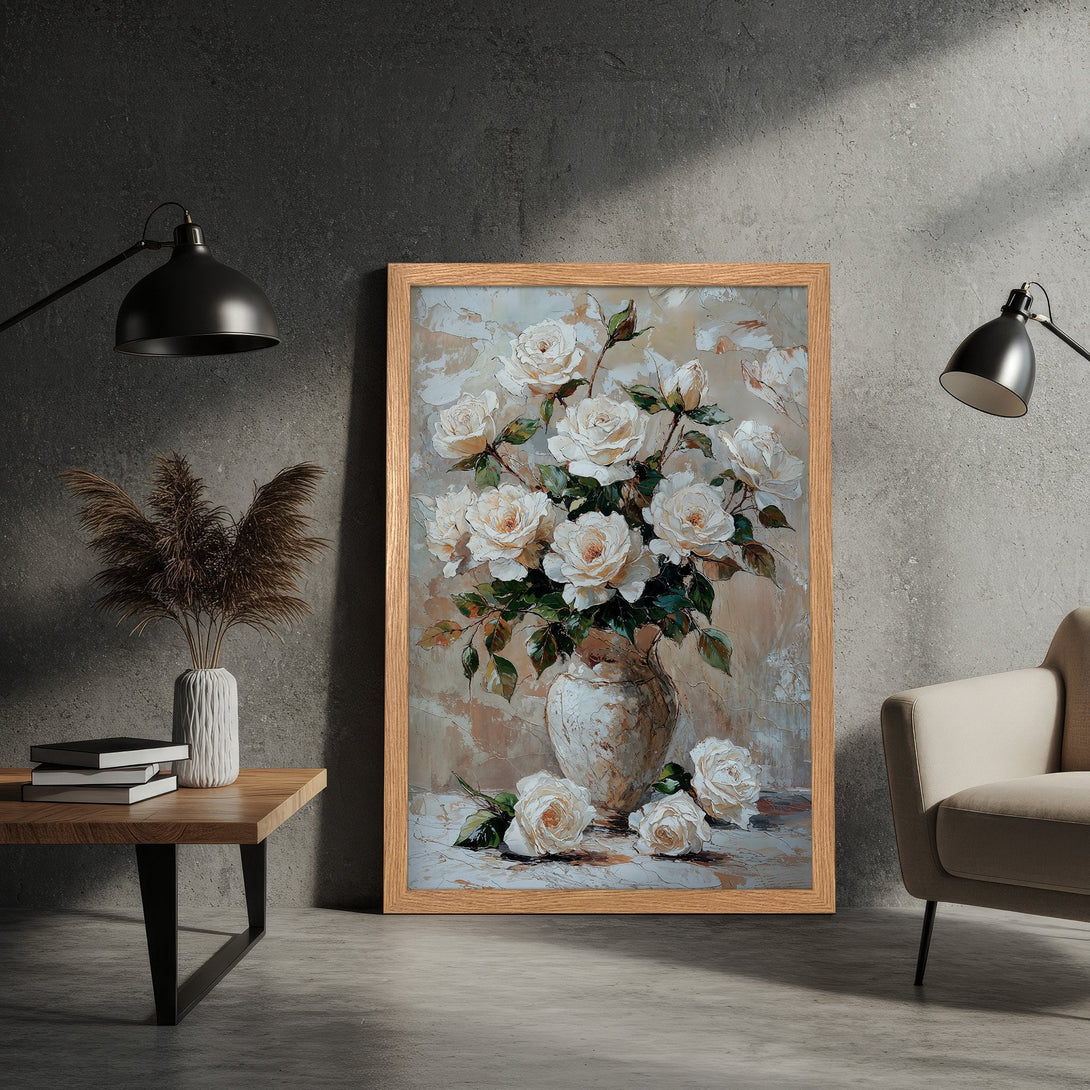 Framed Poster featuring a floral still life in a soft, neutral color palette. Elegant art for your home decor.