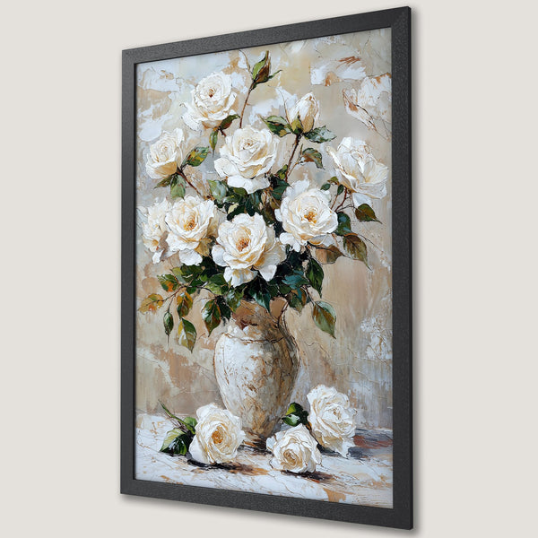 Framed Poster featuring a stunning floral still life of white roses in a vase, painted in an impressionistic style with a warm, neutral color palette.