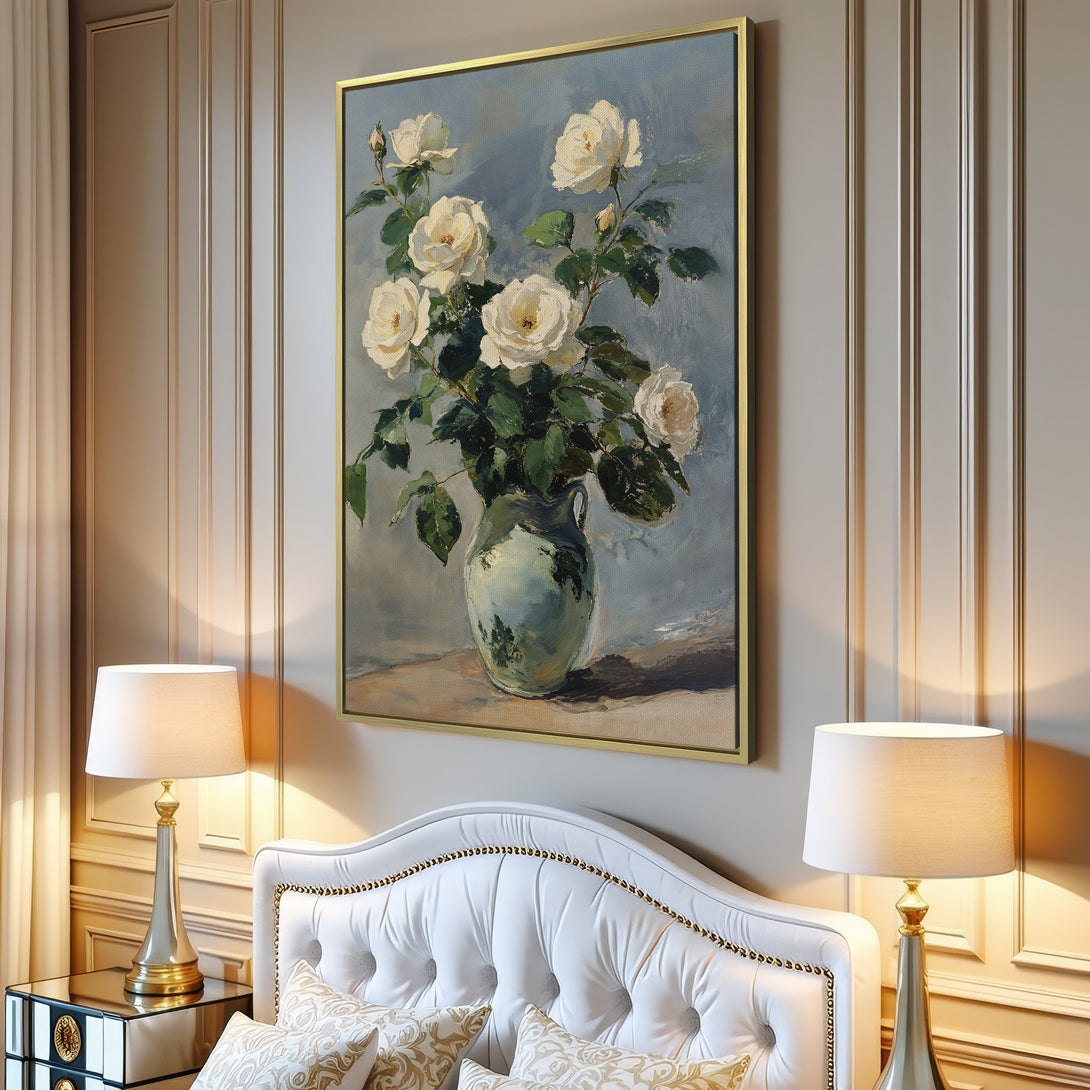 Canvas Print of white roses in a vase, classic painting style. Soft, muted color palette. Perfect wall art for a living room.
