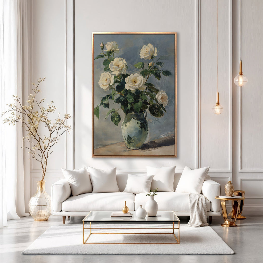 Framed Wall Art: Elegant floral painting of white roses in a vase. Soft, muted color palette complements the modern interior design. Add a touch of sophistication.