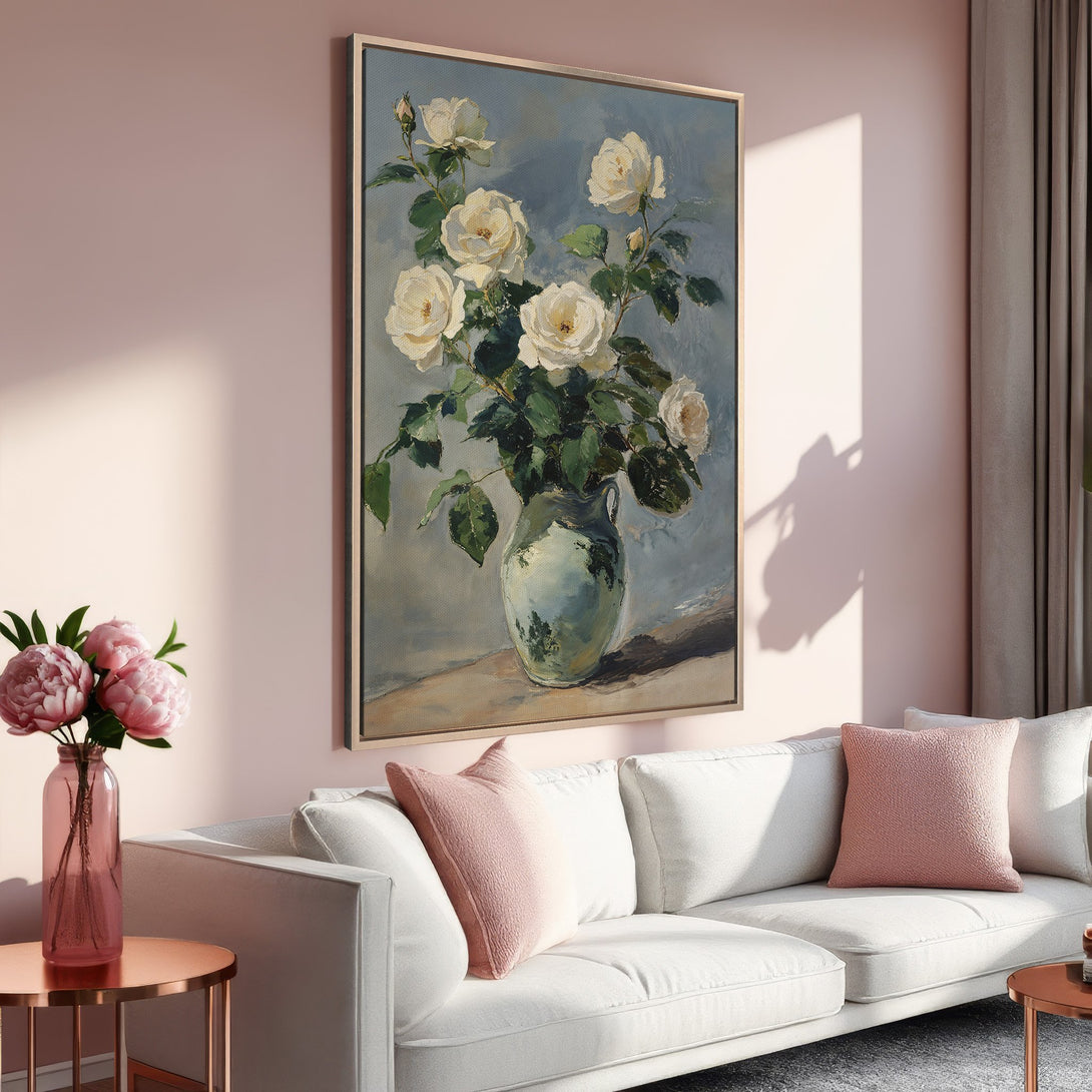 Framed Wall Art of a floral still life in soft pastel tones. Elegant canvas print featuring white roses, perfect for adding a touch of sophistication.