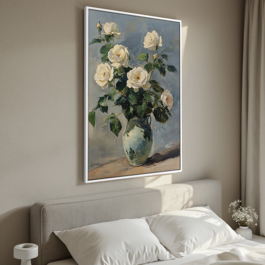 Framed Wall Art: Elegant floral canvas print featuring white roses in a vase. Soft, neutral color palette perfect for bedroom decor. Shop now for timeless beauty!