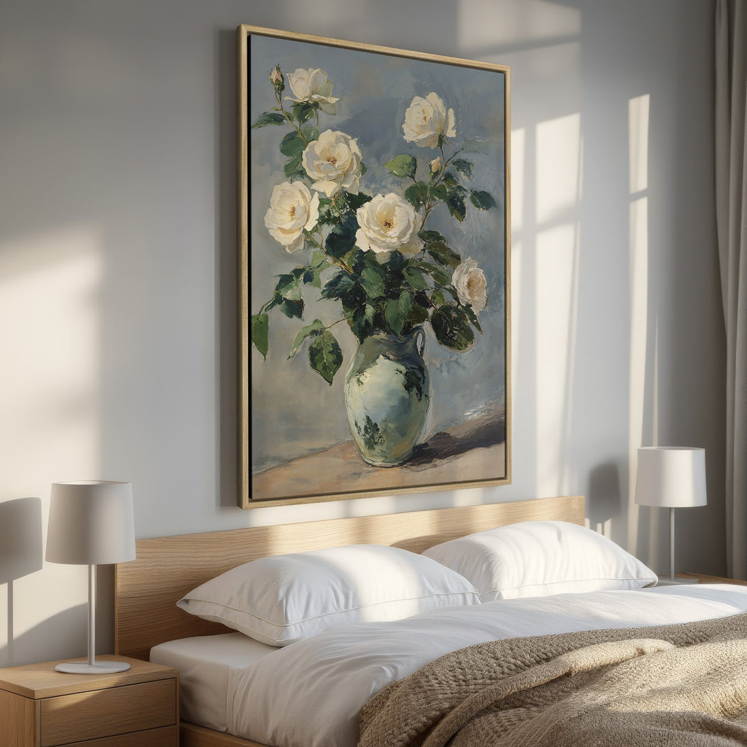 Framed Wall Art: Elegant floral painting of white roses in a vase. Soft, muted color palette complements bedroom decor. Add a touch of art to your space!