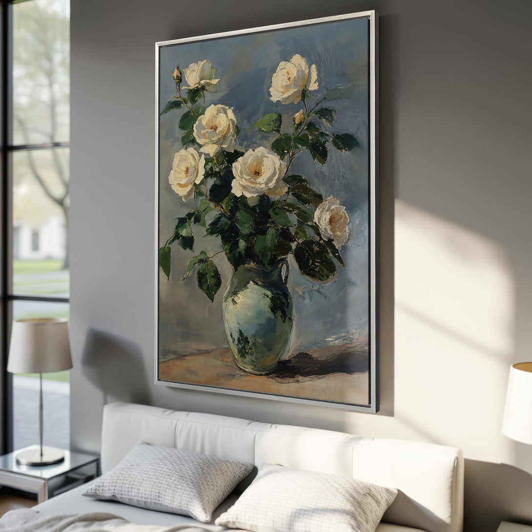 Framed Wall Art: Elegant floral painting of white roses in a vase. Classic style with a soft blue and green color palette. Perfect for bedroom decor.