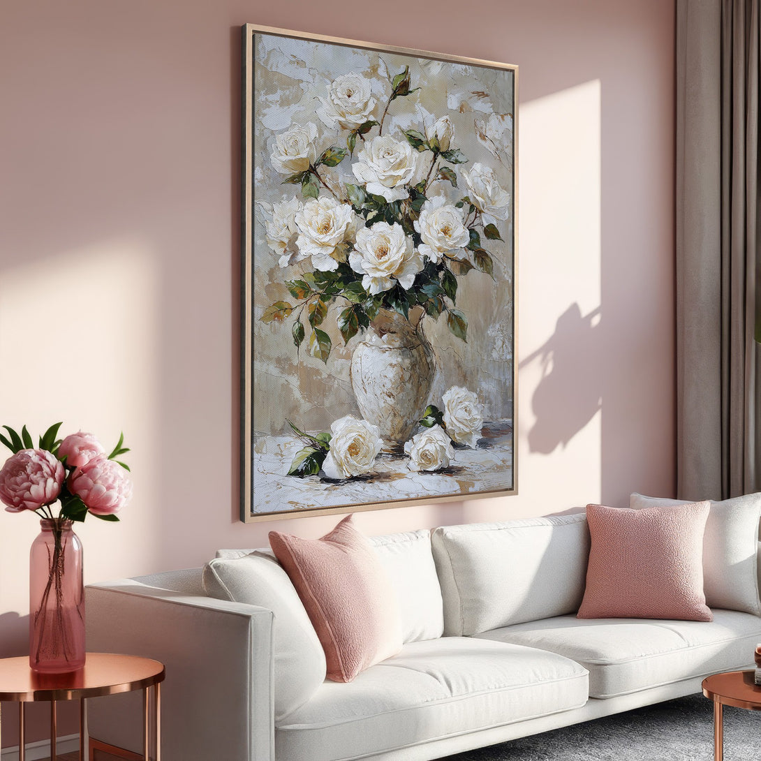 Framed Wall Art: Elegant floral painting of white roses in a vase. Soft, neutral color palette perfect for adding a touch of sophistication to any room.