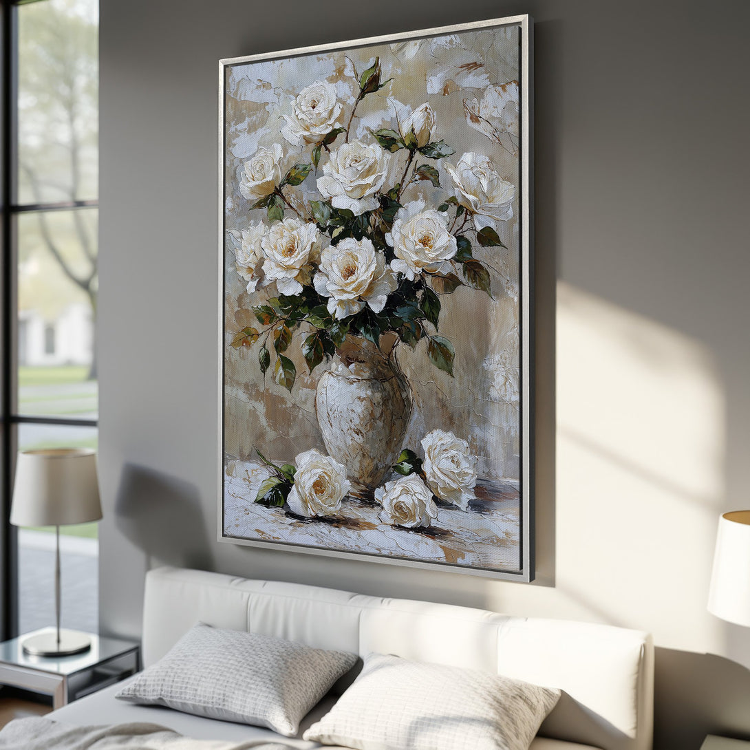Framed Wall Art featuring a floral still life of white roses. Elegant, impressionistic style with a neutral, cream and green color palette. Perfect for any room.