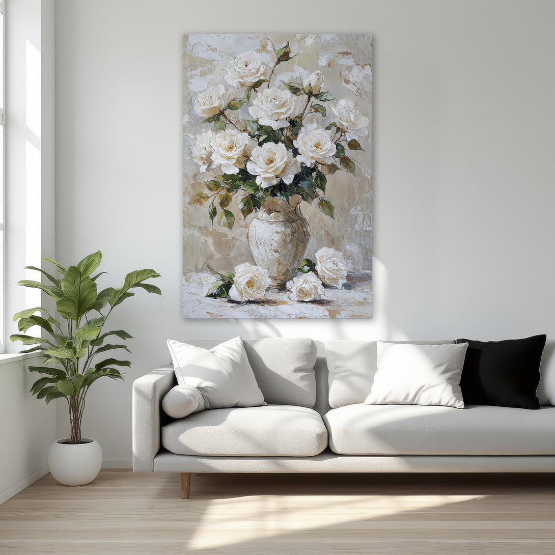 Framed Wall Art: Elegant floral canvas print of white roses in a vase. Soft, neutral color palette perfect for bedroom decor.