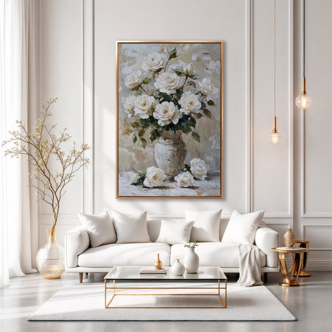 Framed Wall Art: Elegant white rose painting in a gold frame. Neutral color palette complements a modern living room. Add a touch of sophistication to your space!