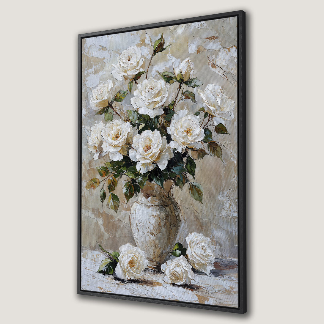 Framed Wall Art of white roses in a vase. Elegant floral painting with a neutral, beige and green color palette. Perfect for adding a touch of sophistication.