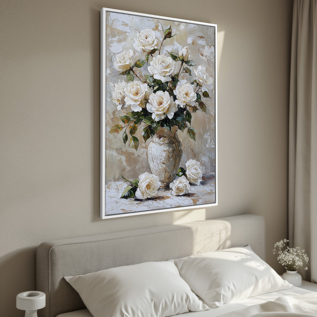 Framed Wall Art: Elegant floral painting of white roses in a vase. Neutral color palette, perfect for bedroom decor. Add a touch of sophistication to your space!