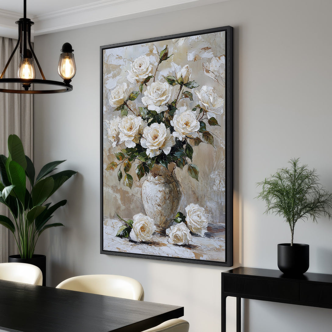 Framed Wall Art featuring a floral still life of white roses in a vase. Neutral color palette with beige and green tones, perfect for home decor.