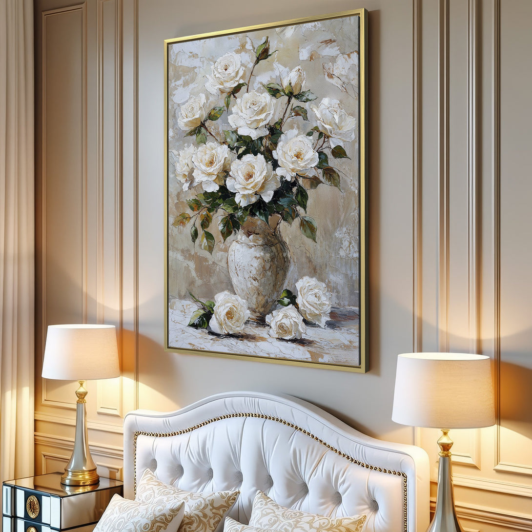 Canvas Print of white roses in a vase, displayed in a living room. Elegant, impressionistic style with a neutral, cream and green color palette.