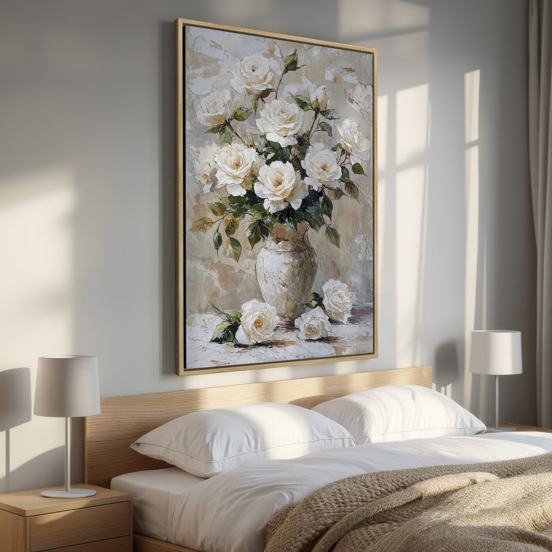 Framed Wall Art: Elegant white rose painting in a neutral color palette. Perfect bedroom decor. Shop this stunning canvas print for a touch of art!