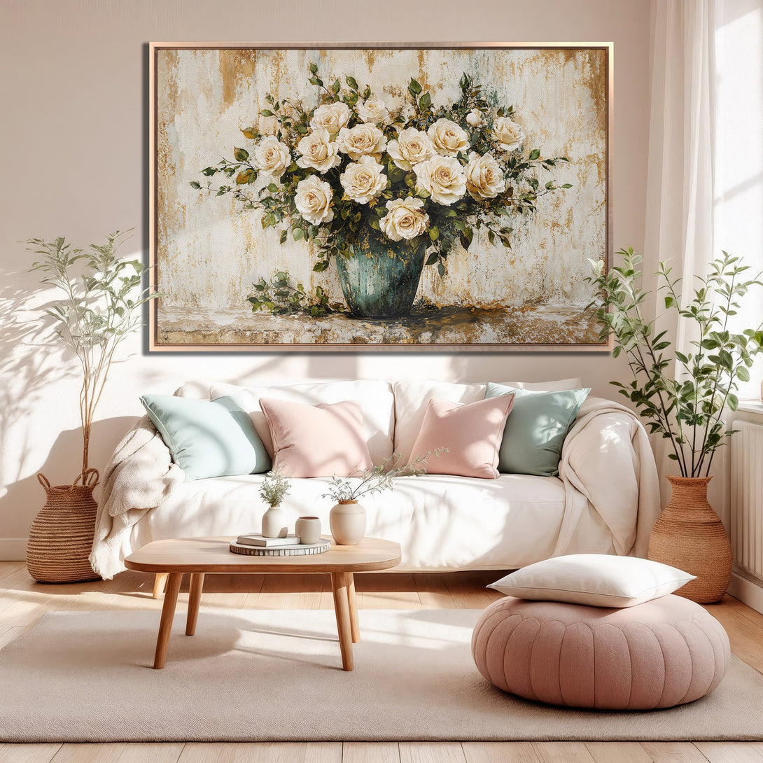 Framed Wall Art: Elegant floral canvas print in a neutral color palette, featuring cream roses. Perfect for adding a touch of sophistication to your living room.