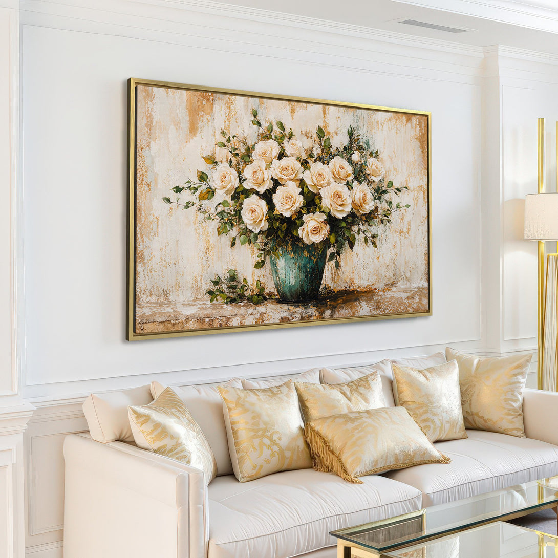 Canvas Print of white roses in a vase, displayed in a living room. Featuring a neutral color palette and vintage style, perfect for home decor.