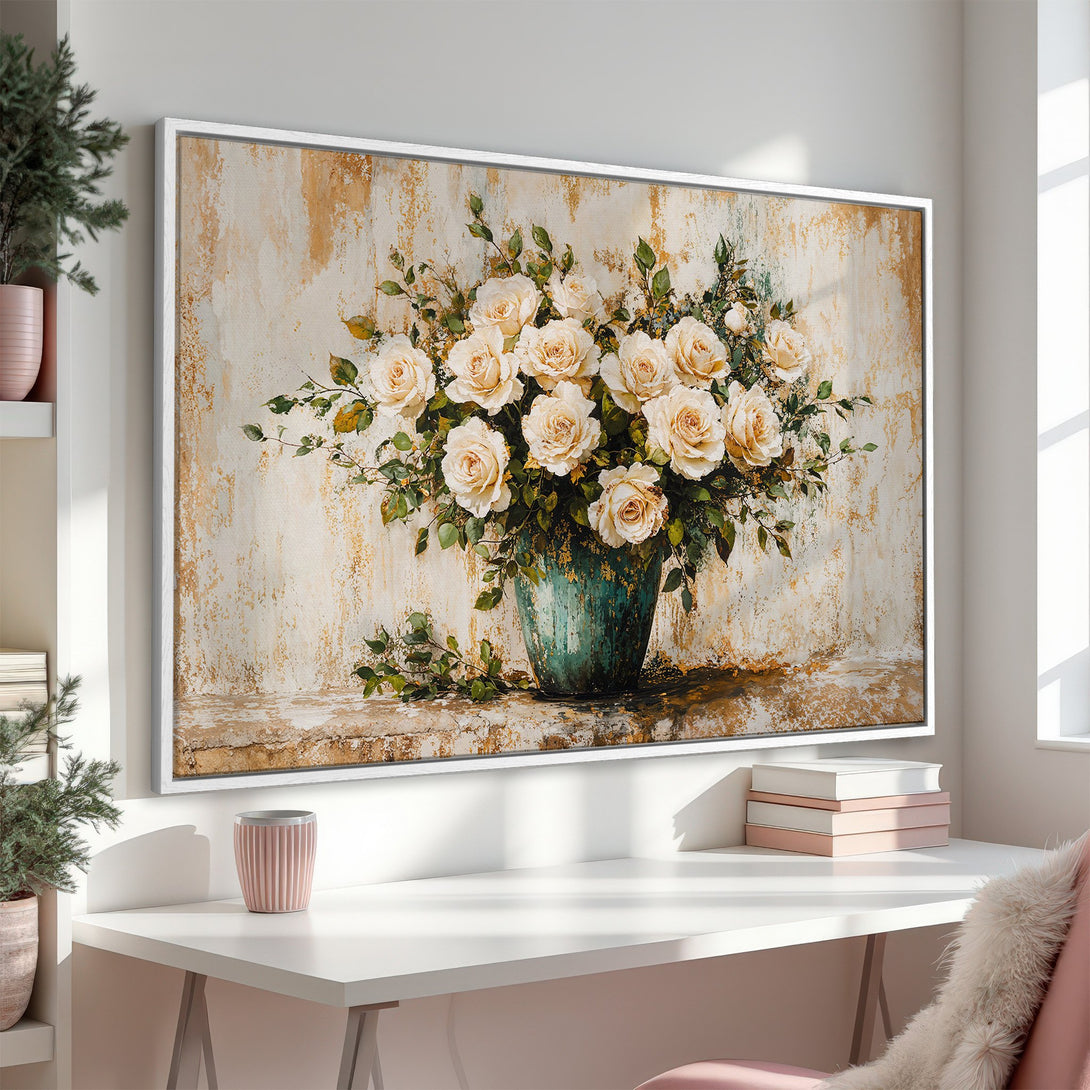 Framed Wall Art featuring a floral still life with cream roses, in a vintage style. Warm, neutral color palette. Perfect for adding elegance to any space.