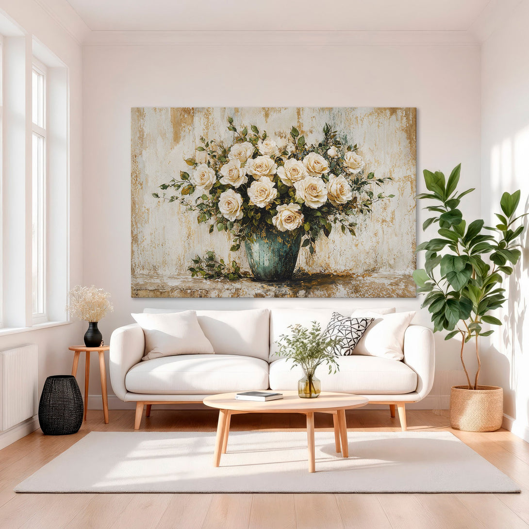 Framed Wall Art: Elegant floral canvas print with a gold frame. Features a cream and gold color palette, perfect for living room decor.