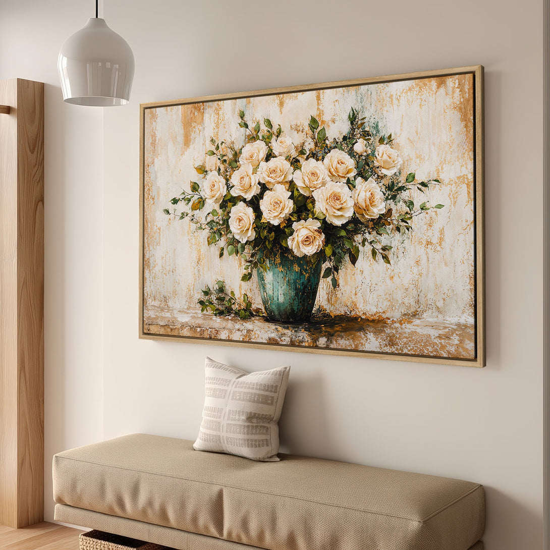 Framed Wall Art of elegant roses in a vase. Warm, neutral color palette. Perfect for adding a touch of sophistication to any space.