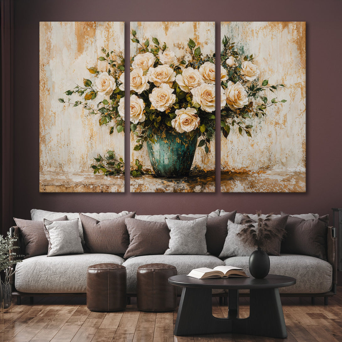 Canvas Print of a floral still life with cream roses, in a vintage style, warm color palette, perfect for living room decor.