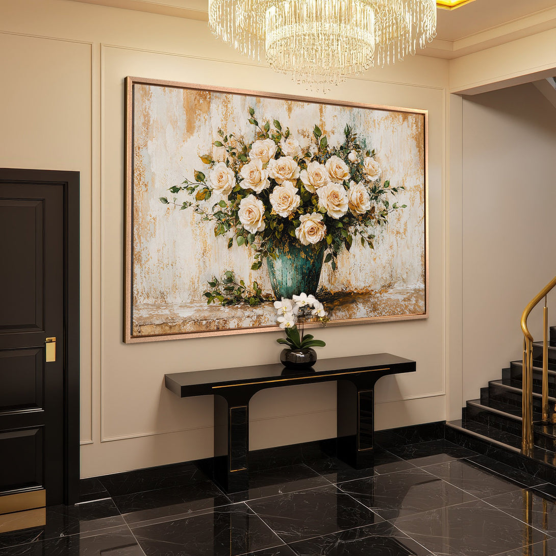 Framed Wall Art: Elegant floral canvas print in cream and gold tones. Perfect for adding a touch of luxury to your home decor.
