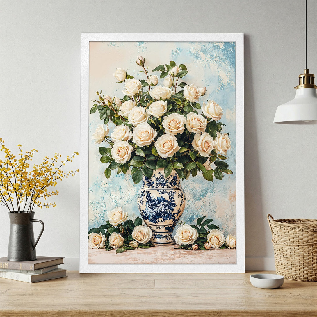 Framed Poster featuring elegant white roses in a blue and cream vase, a beautiful floral art print in a soft, romantic style.