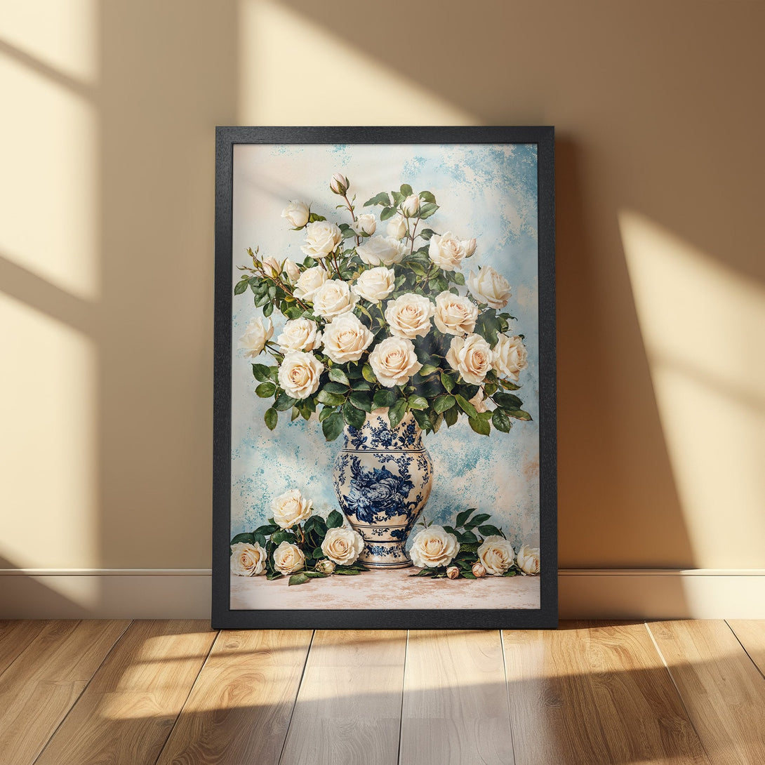 Framed Poster featuring a floral still life with white roses in a blue and white vase. Soft, pastel color palette. Perfect home decor.