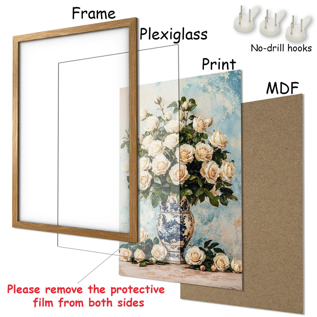 Framed Poster featuring a floral still life in a vintage style with a soft, pastel color palette. Perfect wall art!