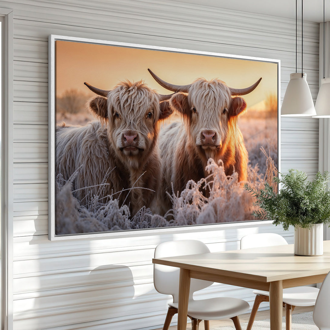 Framed Wall Art: Highland cows in a warm, rustic scene. Earthy tones and a touch of frost create a cozy, inviting aesthetic for your home.
