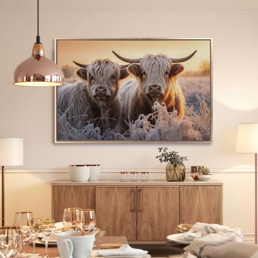 Framed Wall Art featuring Highland cows in a warm, rustic style. Earthy tones and golden hour light create a cozy, inviting atmosphere.