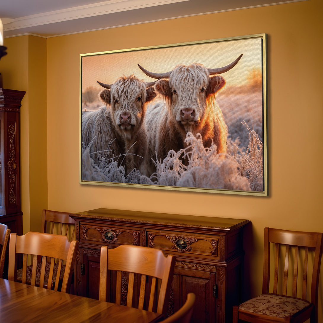 Canvas Print of Highland cows in a warm, rustic style. Earthy tones and cozy interior design. Perfect wall art for your home!