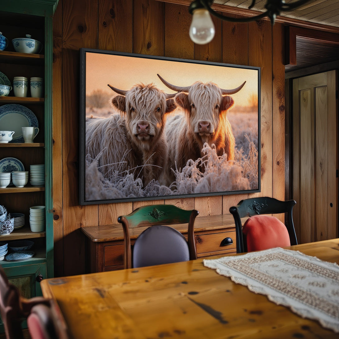Framed Wall Art: Highland cows in warm sunset light. Rustic style canvas print with natural tones, perfect for farmhouse decor.