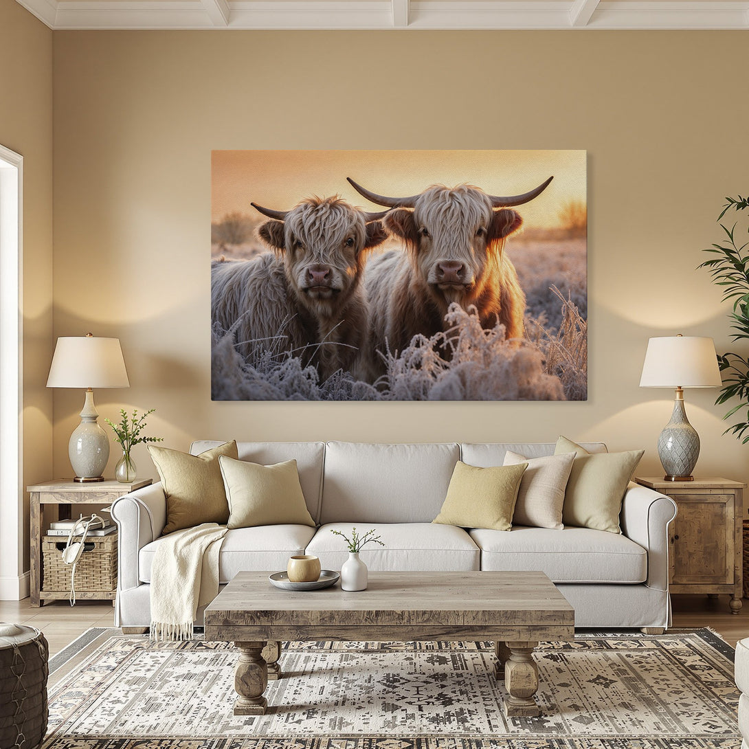Framed Wall Art: Highland cows in a warm, rustic scene. Earthy tones and golden light create a cozy, inviting atmosphere. Perfect for any home!