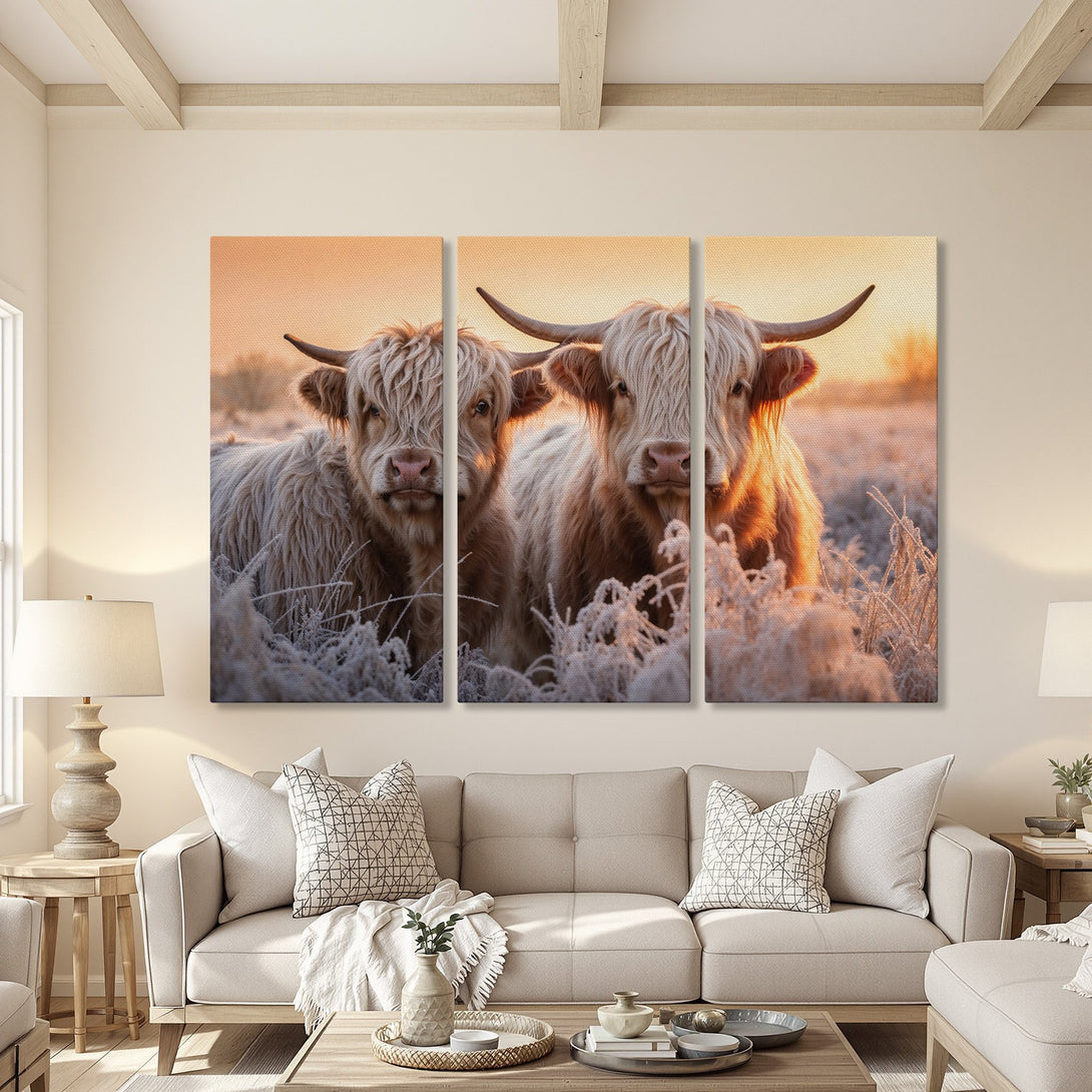 Canvas Print of Highland cows in a warm, rustic style. Earthy color palette with golden sunset tones. Perfect for farmhouse decor.