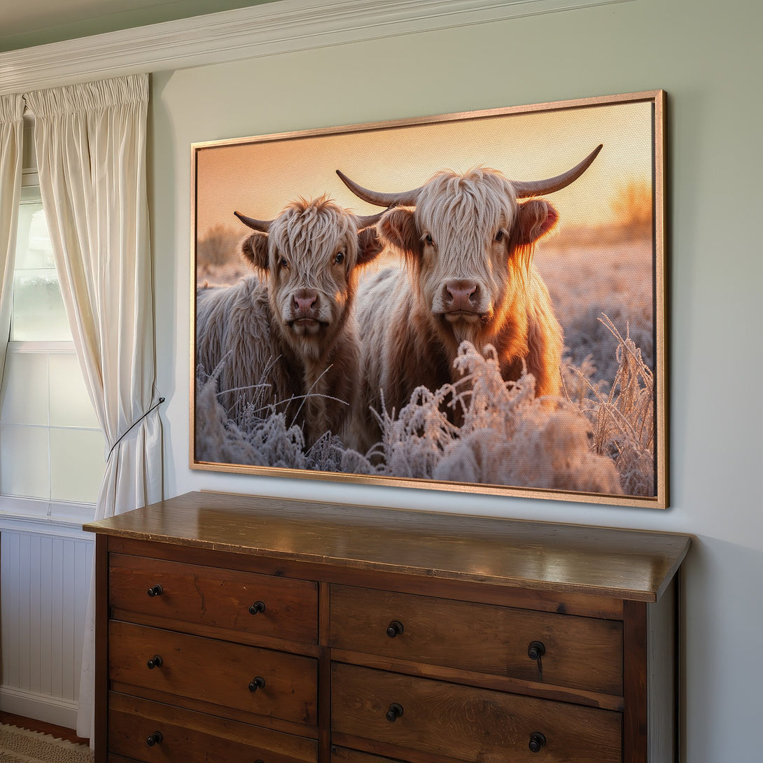 Framed Wall Art featuring two Highland cows in a warm, rustic style. Earthy tones and golden light create a cozy, inviting atmosphere for your home decor.