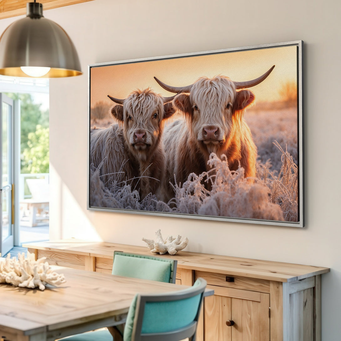 Framed Wall Art: Highland cows canvas print in warm tones. Rustic style art with a cozy, inviting feel. Perfect for living rooms & bedrooms.