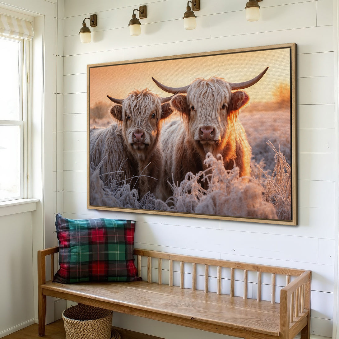 Framed Wall Art: Highland cows in a warm, rustic style. Earthy tones of brown, gold, and white create a cozy, inviting atmosphere. Perfect for farmhouse decor.