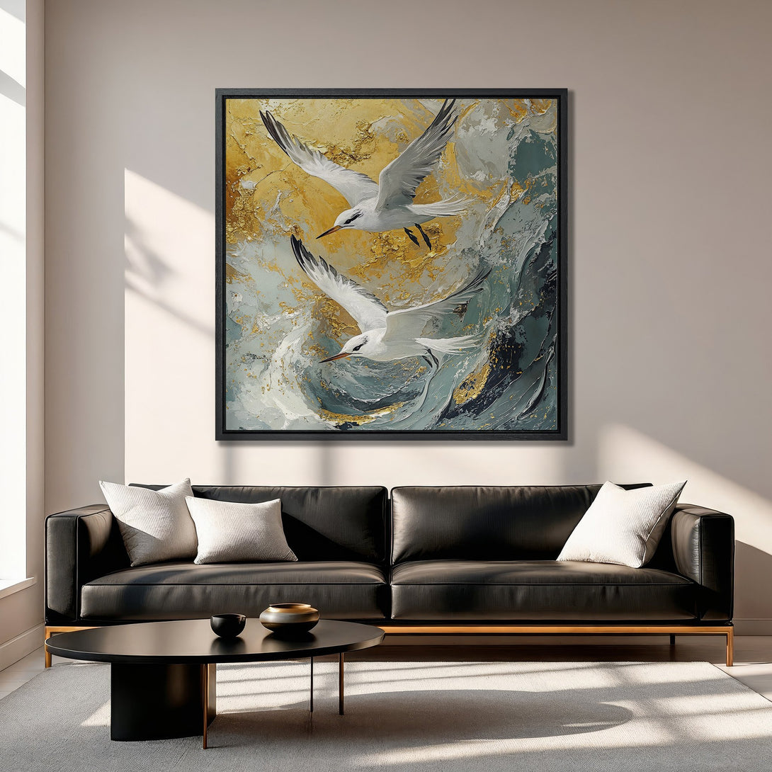 Framed Wall Art featuring abstract seagulls in flight, gold and teal color palette. Elevate your space with this stunning Canvas Print!