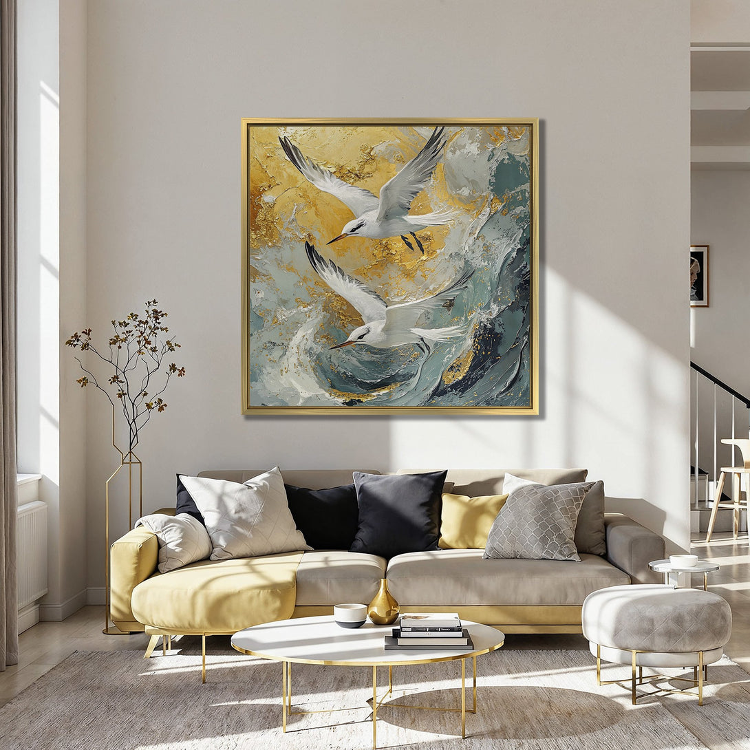 Canvas Print featuring abstract seagulls in flight, with a gold, teal, and white color palette, perfect for modern home decor.