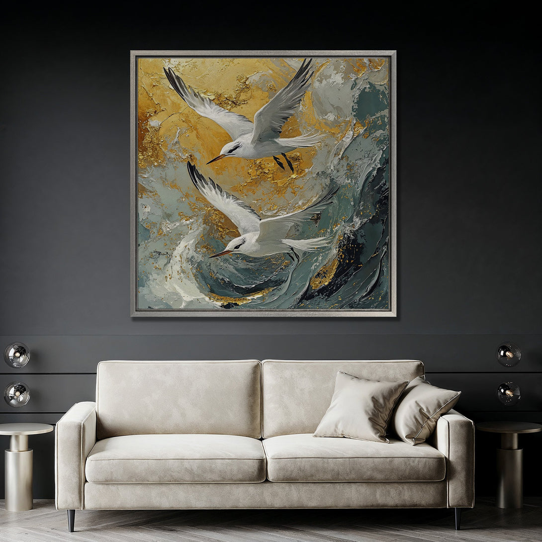 Framed Wall Art: Abstract painting of seagulls in flight, gold, teal, and white palette. Modern art canvas print for living room decor.