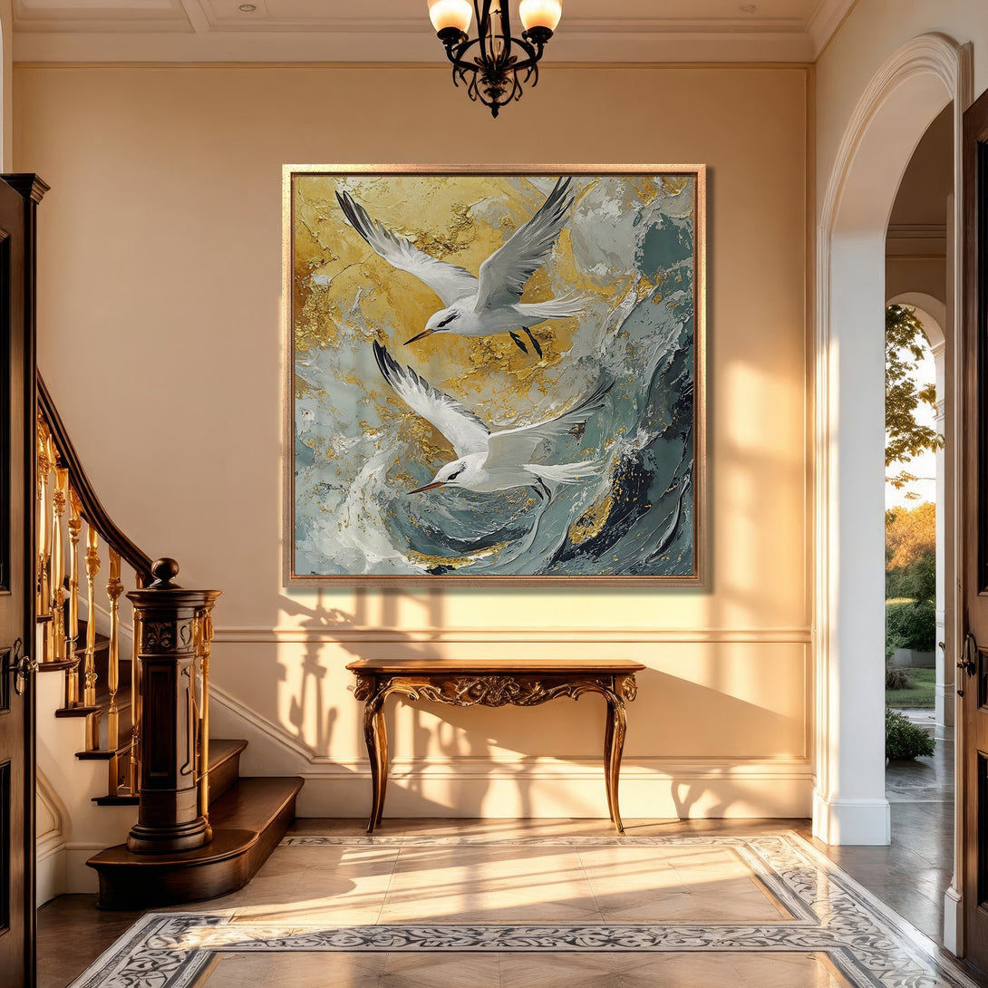 Framed Wall Art: Abstract painting of seagulls in flight, gold and teal color palette. Adds elegance to any interior. Shop Canvas Prints today!