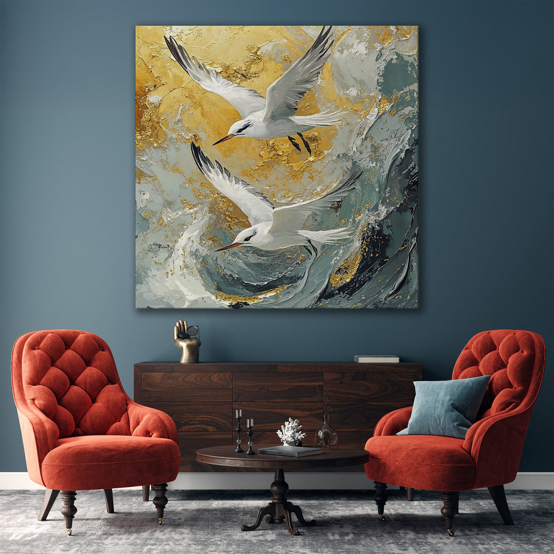 Framed Wall Art: Abstract painting of seagulls in flight, gold and teal color palette, modern style, adds elegance to any living room.