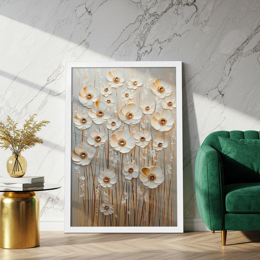 Framed Poster featuring elegant white floral art with gold accents. Perfect for adding a touch of sophistication to your home decor.