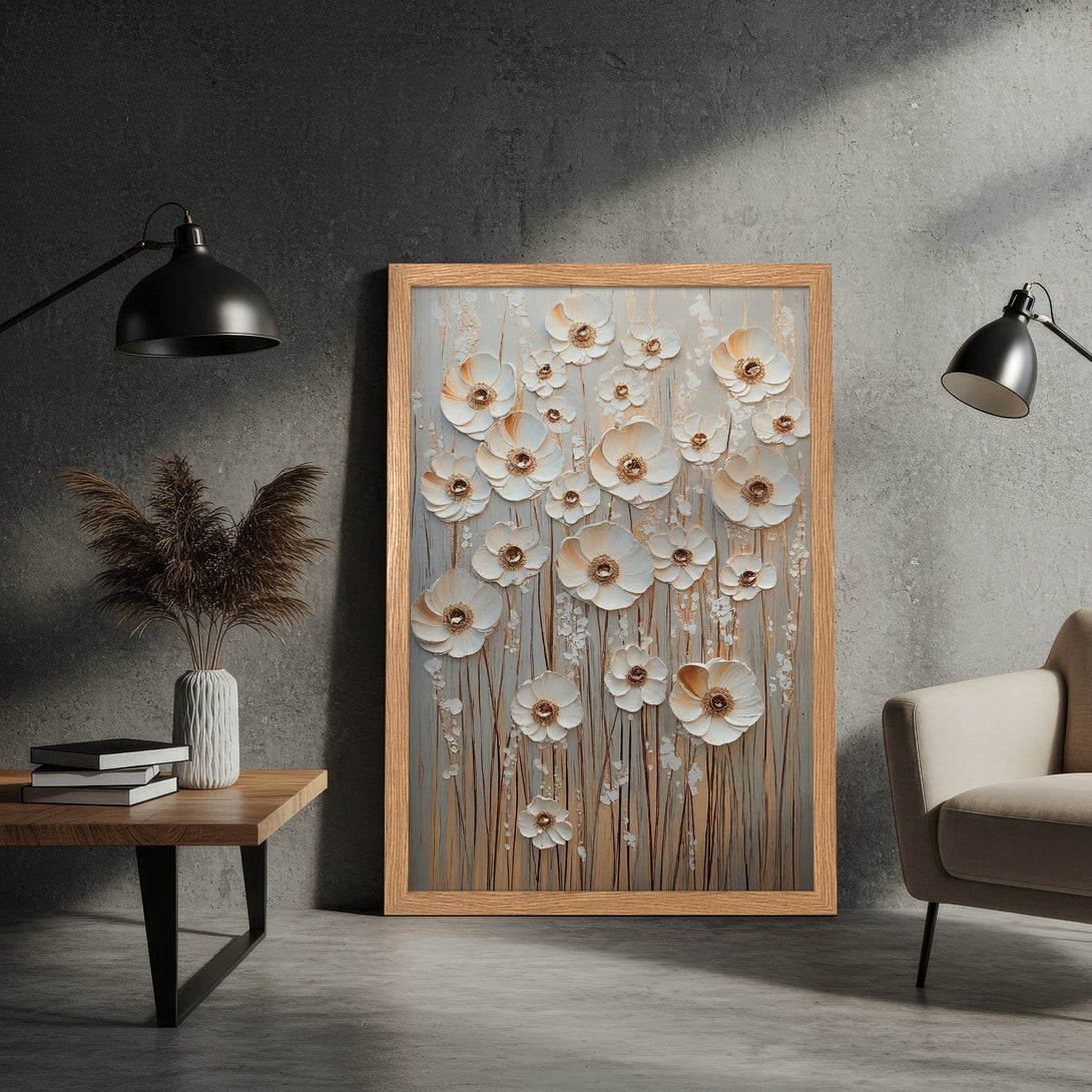 Framed Poster featuring white floral art with a neutral color palette. Modern decor for your home.