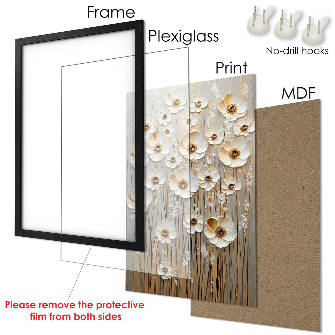 Framed Poster: Elegant floral art print in neutral tones. Modern wall decor with a black frame. Perfect for any room!