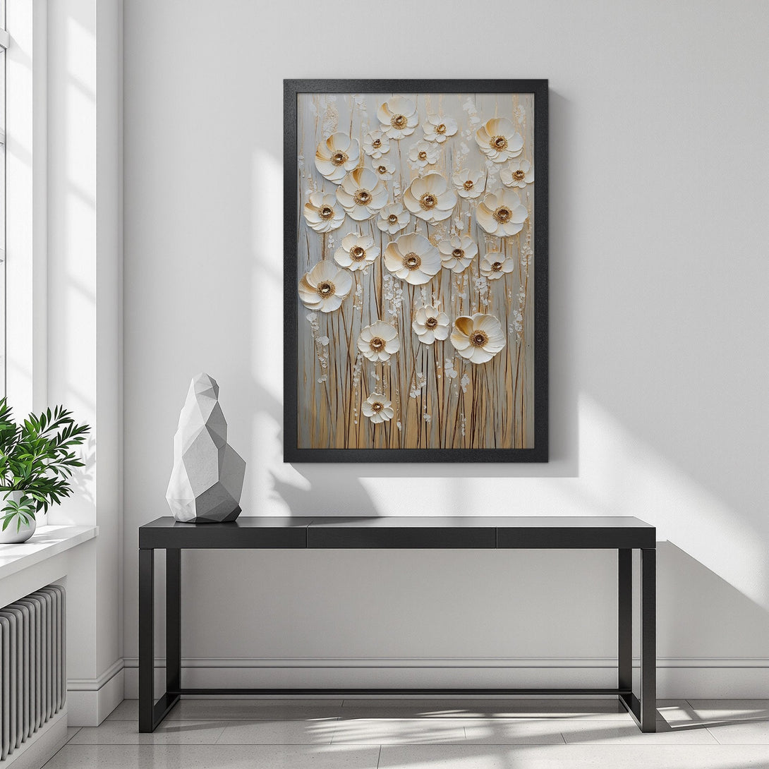 Framed Poster featuring white and gold floral art, modern style, neutral color palette. Perfect for home decor!