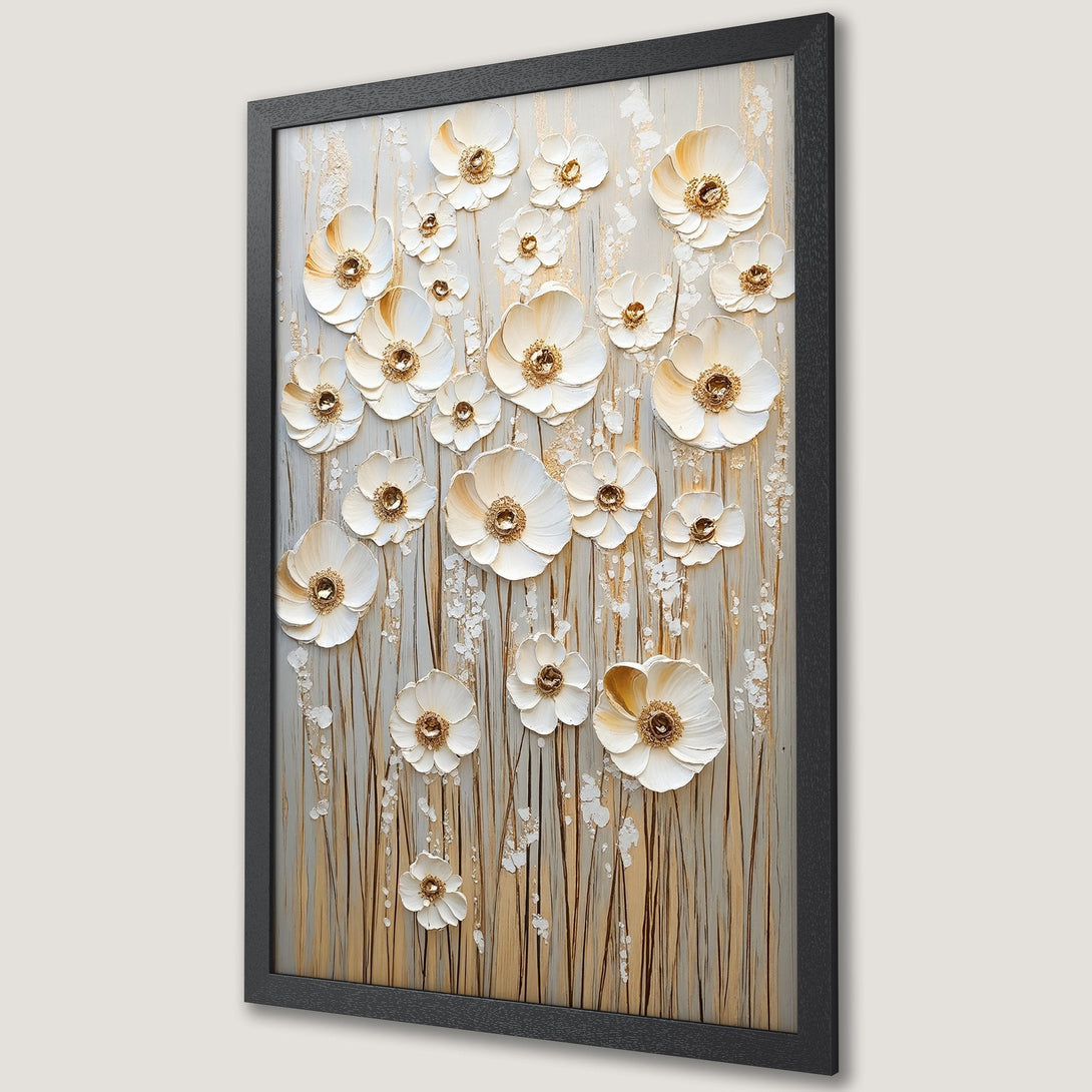 Framed Poster featuring white floral art with gold accents on a neutral background. Elegant, textured style, perfect for home decor.