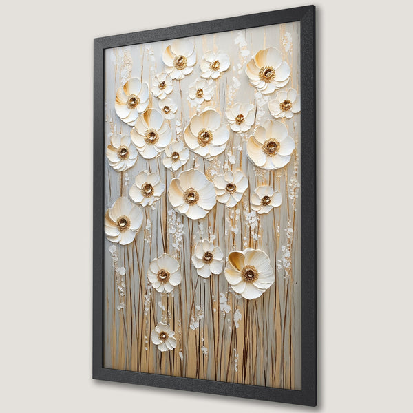 Framed Poster featuring white floral art with gold accents on a neutral background. Elegant, textured style, perfect for home decor.