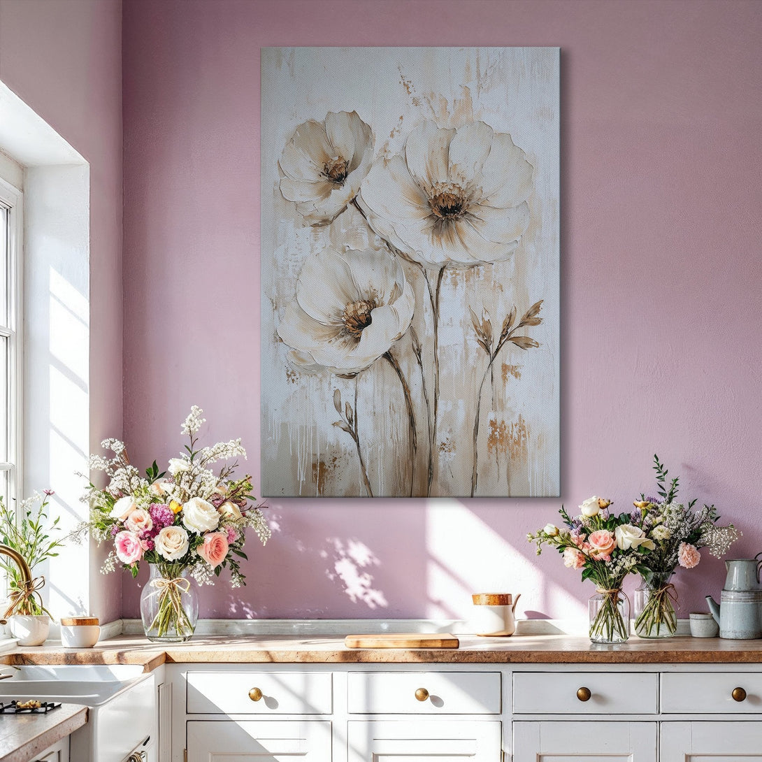 Framed Wall Art featuring elegant white floral painting. Neutral color palette with gold accents, perfect for modern home decor. Add sophistication to your space!
