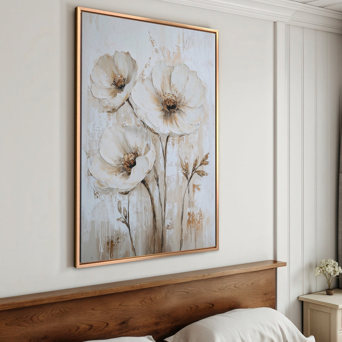 Framed Wall Art featuring elegant white floral painting. Neutral color palette perfect for bedroom decor. Add a touch of sophistication to your space!
