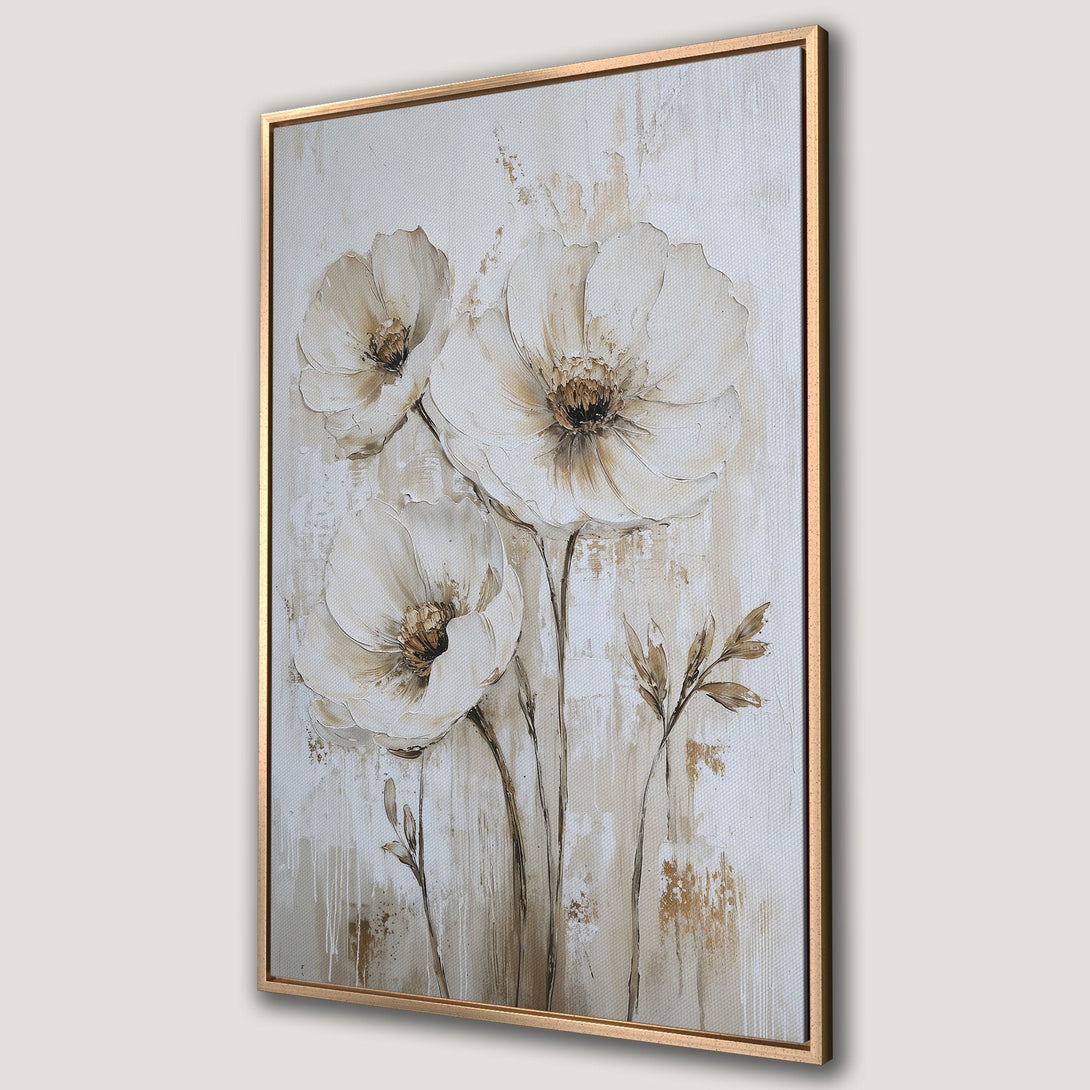 Framed Wall Art featuring a textured floral painting. Neutral color palette with white, beige, and brown tones. Perfect for adding elegance to any space.